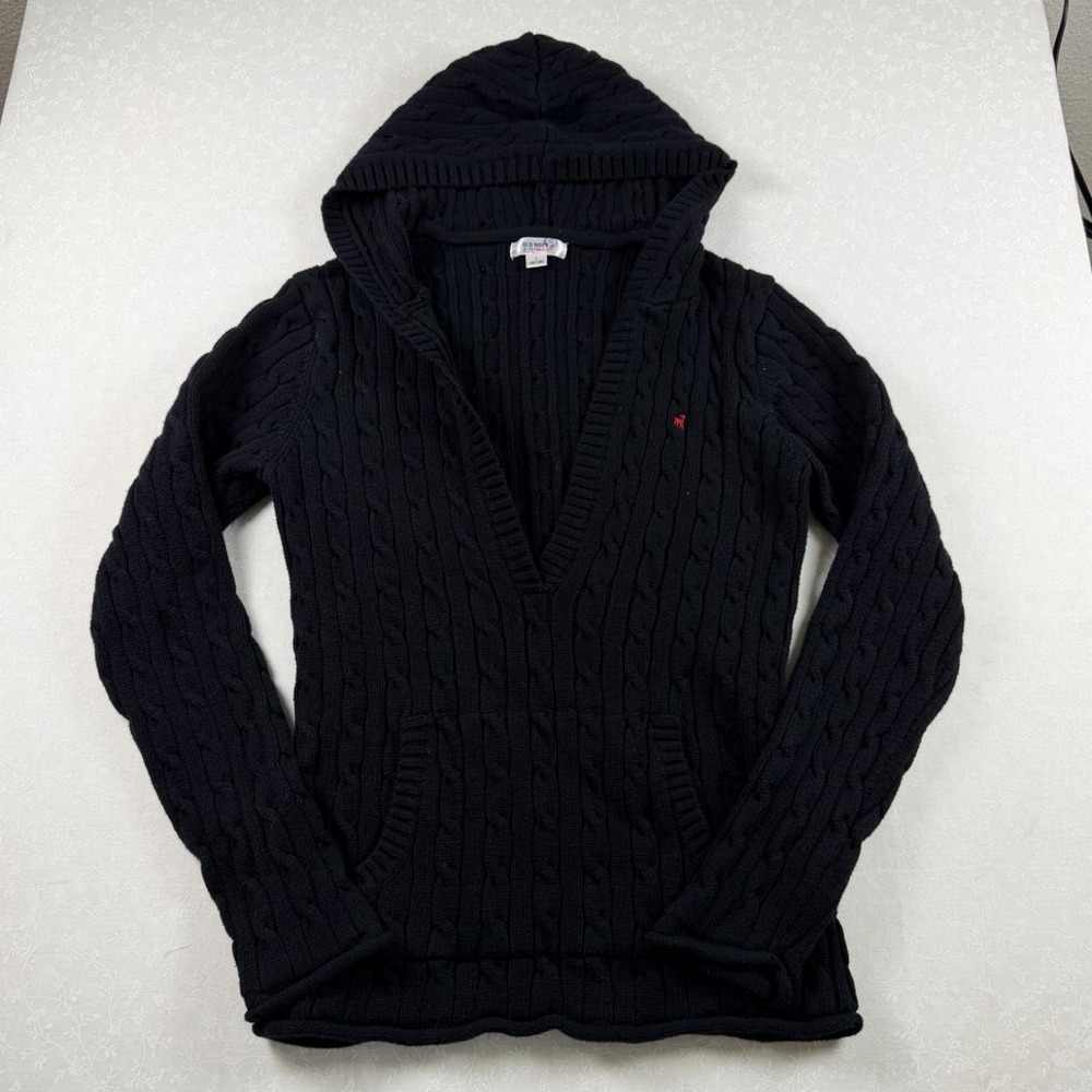 2006 Old Navy Black Cable Knit V-Neck Hooded Sweater — Size L 🖤